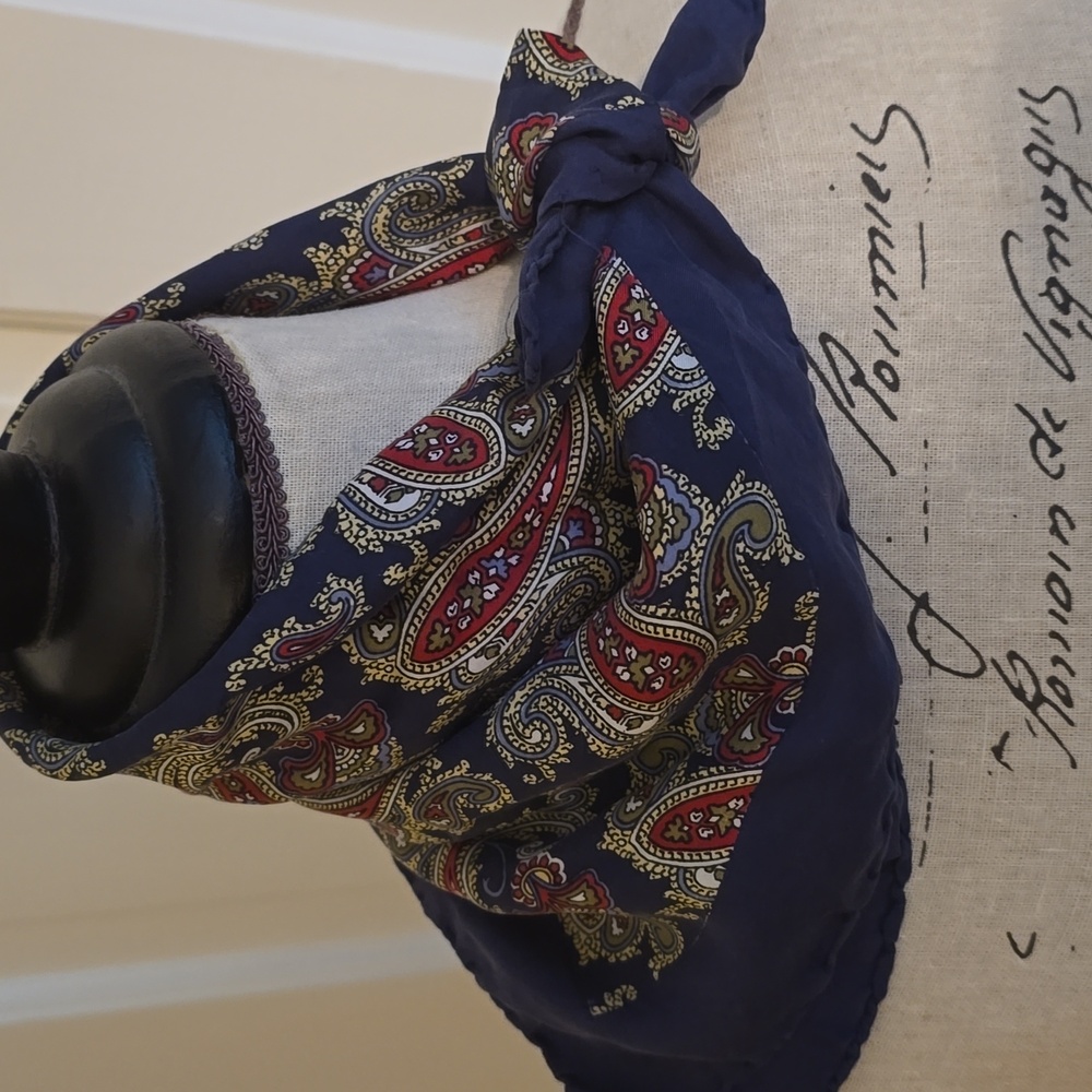 Vintage 70's Square Paisley Silk Scarf in Navy, Red And Gold